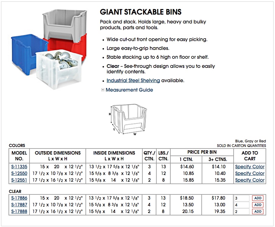 Giant Plastic Stackable Bins - 17 1/2 x 10 7/8 x 12 1/2, Gray S-12550GR -  Uline